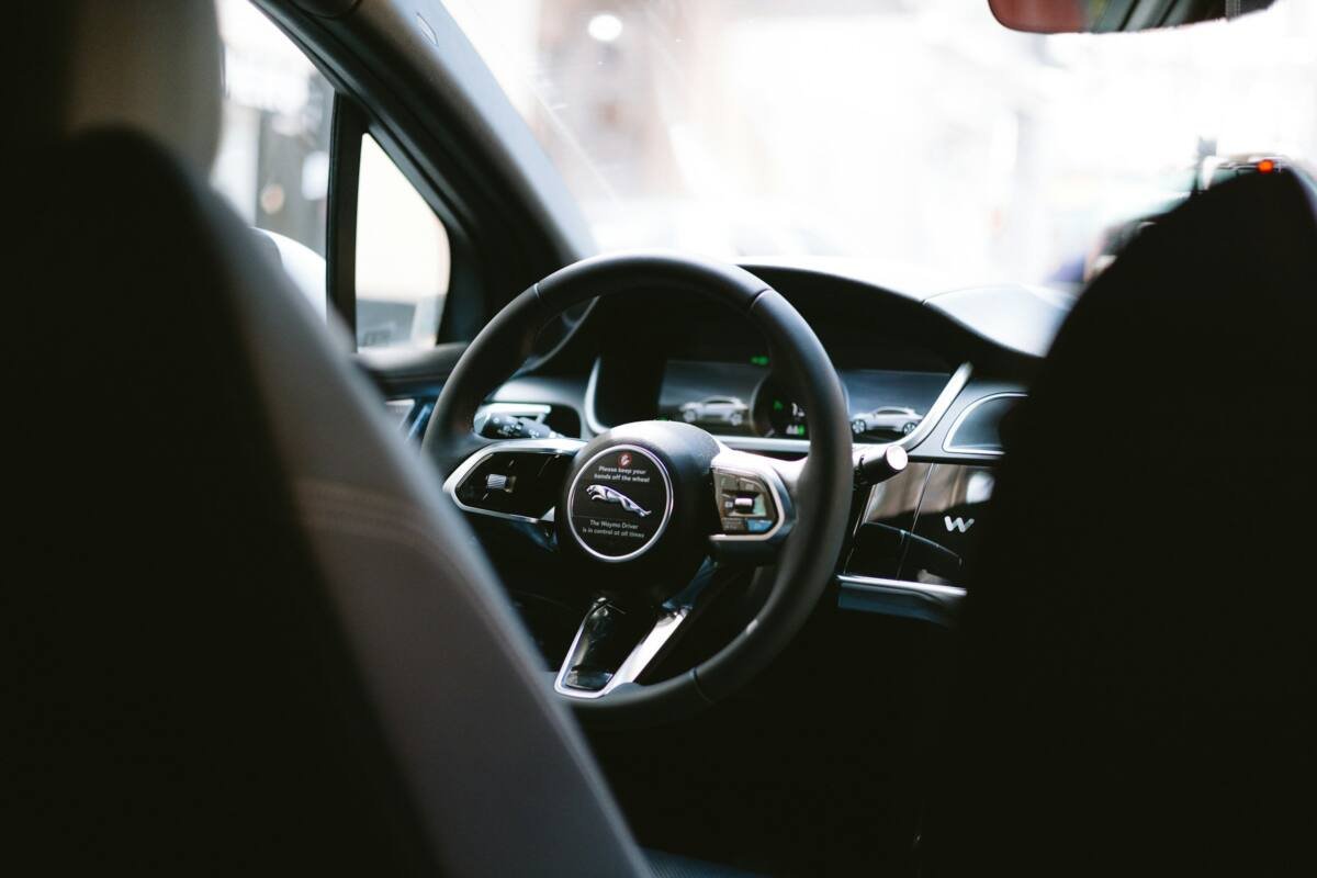 Inside view of a car's steering wheel