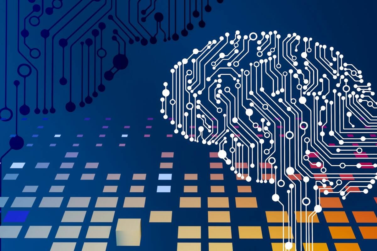 Computer circuit board with a brain graphic on it