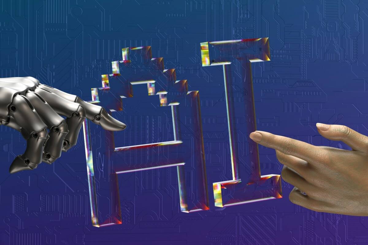 Robot and human hands reaching toward AI text