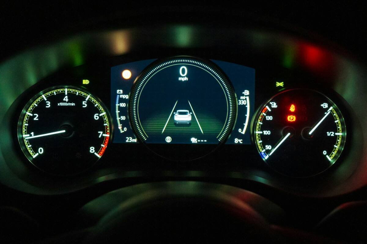 Black and white car instrument panel cluster