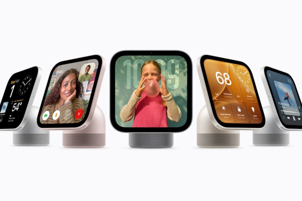 Five Apple HomeView smart displays in different colors against a white backdrop