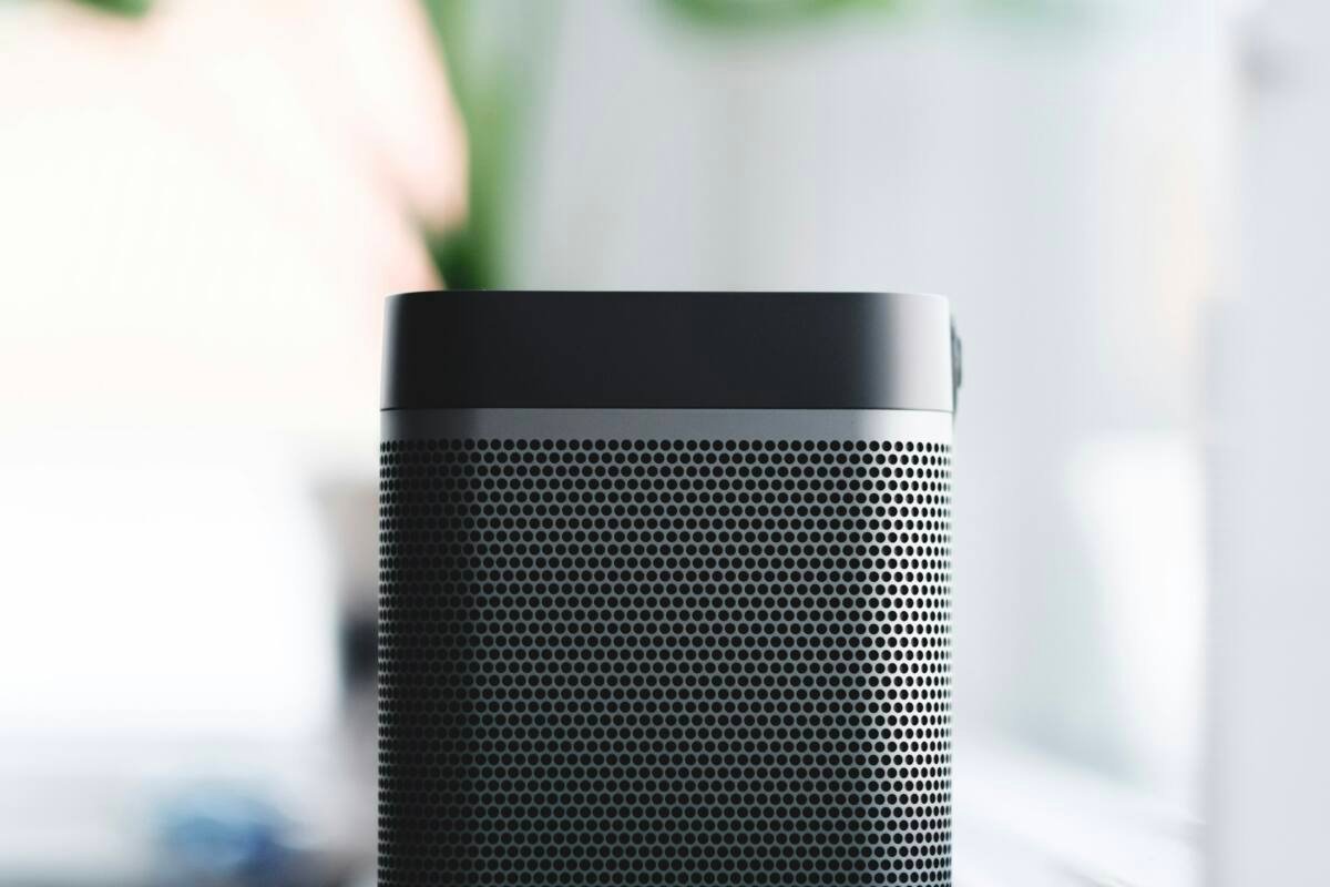 Black and gray portable speaker in selective focus